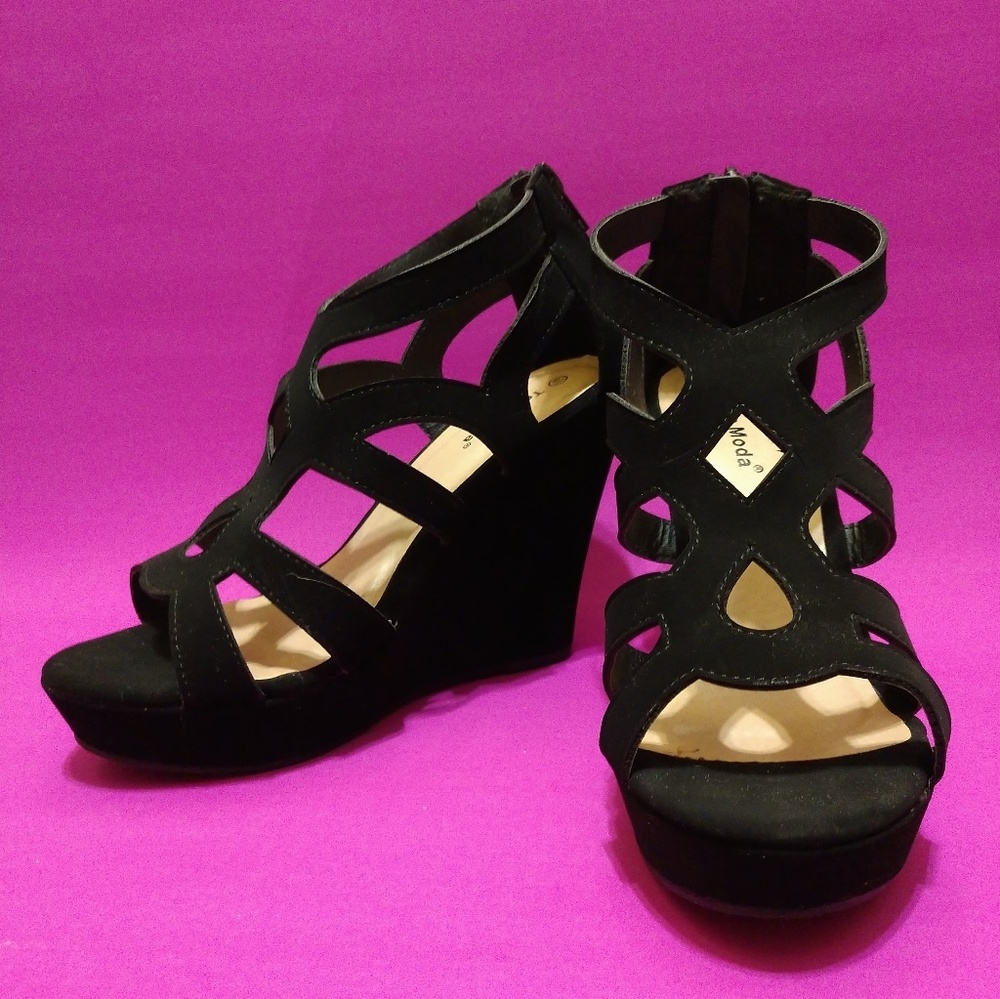 Black Open Toe Ankle Suede Strappy Wedges